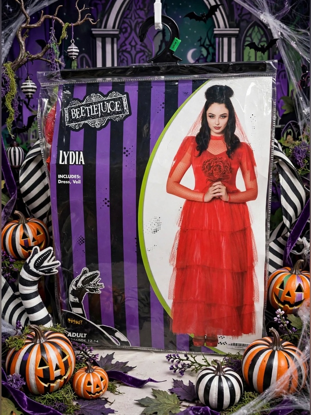 Beetlejuice-Lydia Red Tiered Dress with Veil Costume NEW